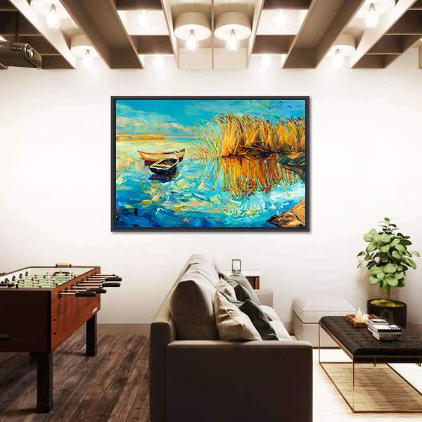 Oil Painting Of Boats Canvas Wall Art-5 Horizontal-Gallery Wrap-22" x 12"-Tiaracle