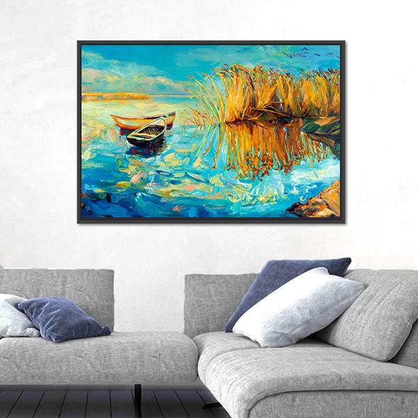 Oil Painting Of Boats Canvas Wall Art-5 Horizontal-Gallery Wrap-22" x 12"-Tiaracle