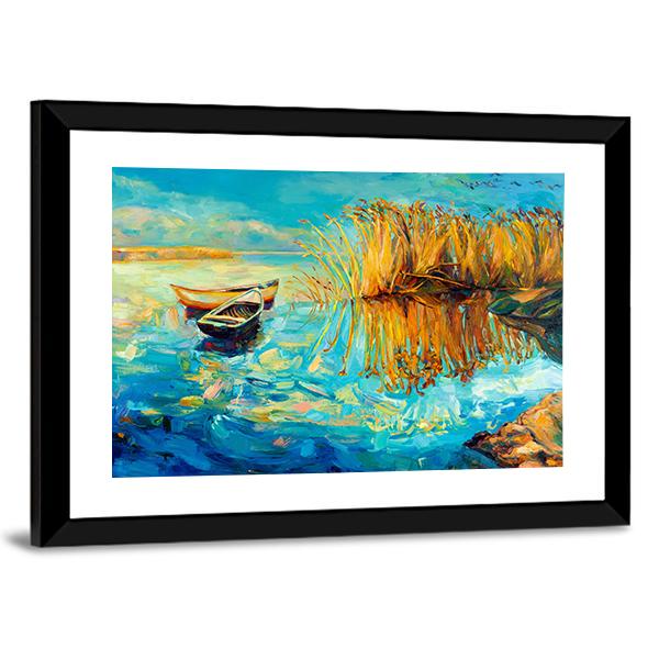 Oil Painting Of Boats Canvas Wall Art-5 Horizontal-Gallery Wrap-22" x 12"-Tiaracle