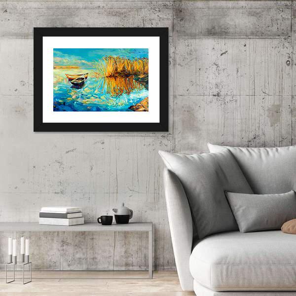 Oil Painting Of Boats Canvas Wall Art-5 Horizontal-Gallery Wrap-22" x 12"-Tiaracle