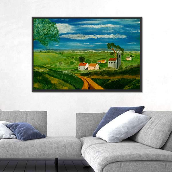 Oil Painting Of Village Canvas Wall Art-5 Horizontal-Gallery Wrap-22" x 12"-Tiaracle