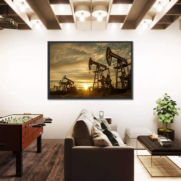 Oil Pump Jacks At Sunset Canvas Wall Art-5 Horizontal-Gallery Wrap-22" x 12"-Tiaracle