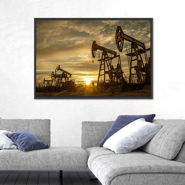Oil Pump Jacks At Sunset Canvas Wall Art-5 Horizontal-Gallery Wrap-22" x 12"-Tiaracle