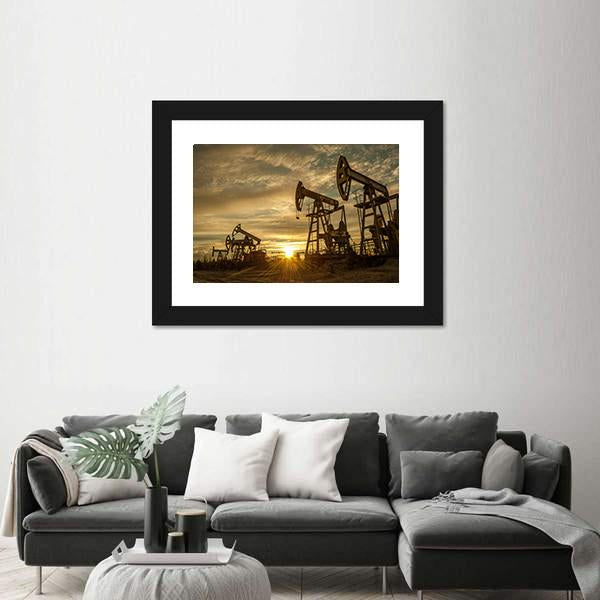 Oil Pump Jacks At Sunset Canvas Wall Art-5 Horizontal-Gallery Wrap-22" x 12"-Tiaracle