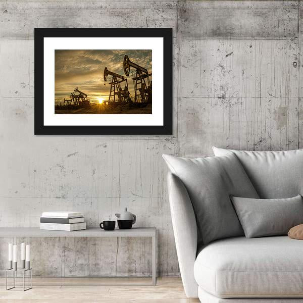 Oil Pump Jacks At Sunset Canvas Wall Art-5 Horizontal-Gallery Wrap-22" x 12"-Tiaracle