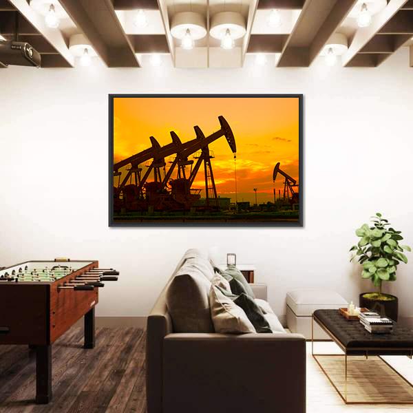 Oil Pump On Orange Sunset Canvas Wall Art-5 Horizontal-Gallery Wrap-22" x 12"-Tiaracle