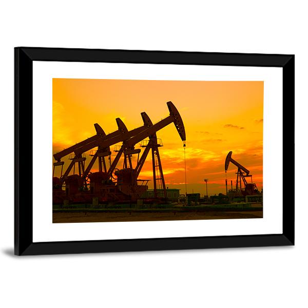 Oil Pump On Orange Sunset Canvas Wall Art-5 Horizontal-Gallery Wrap-22" x 12"-Tiaracle