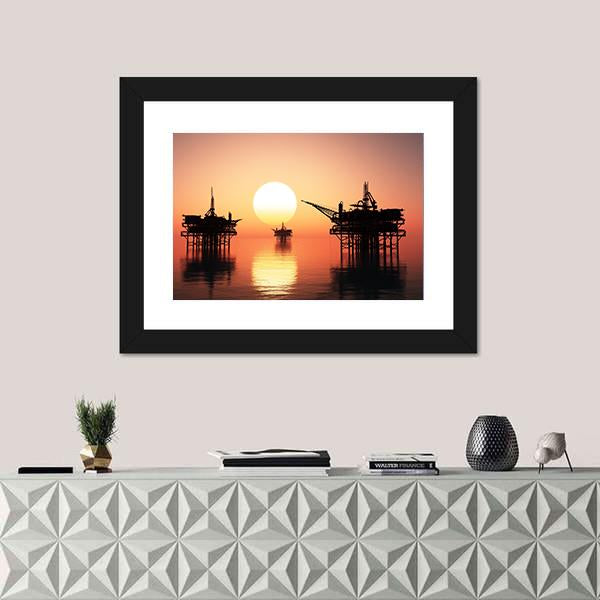 Oil Rig At Late Evening Canvas Wall Art-1 Piece-Framed Print-20" x 16"-Tiaracle