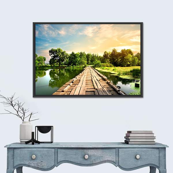 Old Bridge Over River Canvas Wall Art-1 Piece-Floating Frame-36" x 24"-Tiaracle