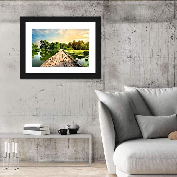 Old Bridge Over River Canvas Wall Art-5 Horizontal-Gallery Wrap-22" x 12"-Tiaracle
