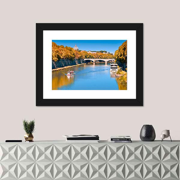 Old Bridge Over Tiber River Canvas Wall Art-1 Piece-Framed Print-20" x 16"-Tiaracle