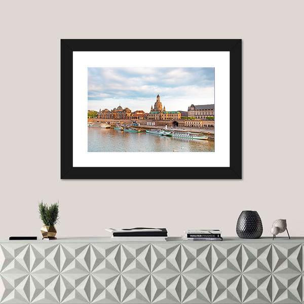 Old Dresden Over River Canvas Wall Art-1 Piece-Framed Print-42" x 14"-Tiaracle