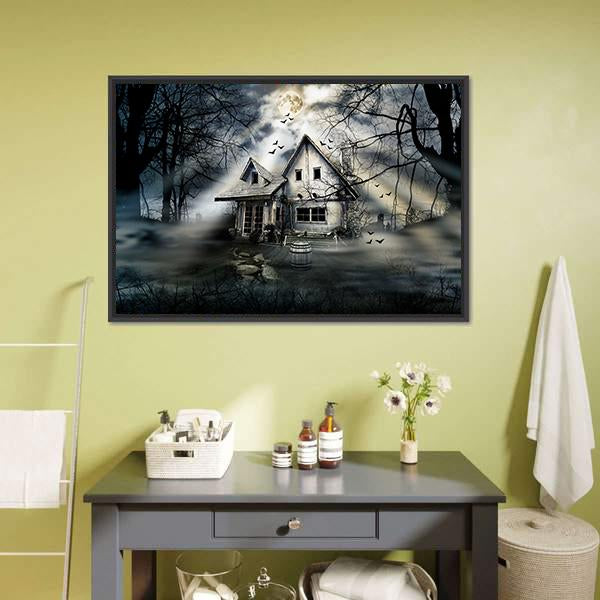 Old Haunted House Canvas Wall Art-1 Piece-Floating Frame-24" x 16"-Tiaracle