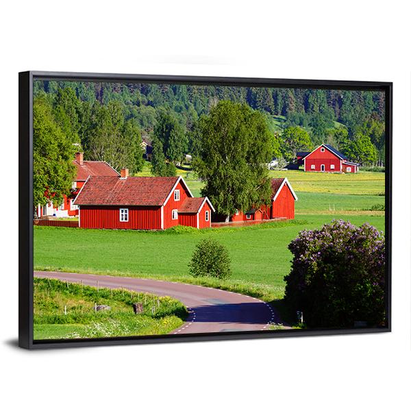 Old Red Farm Houses Canvas Wall Art-5 Horizontal-Gallery Wrap-22" x 12"-Tiaracle