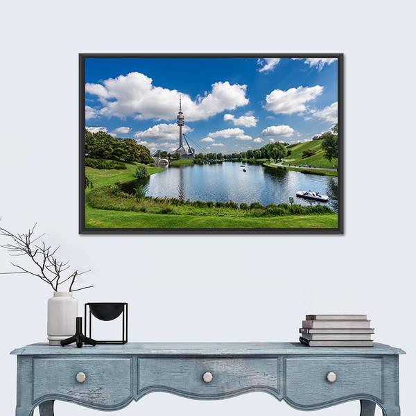 Olympic Lake In Munich Canvas Wall Art-1 Piece-Floating Frame-24" x 16"-Tiaracle