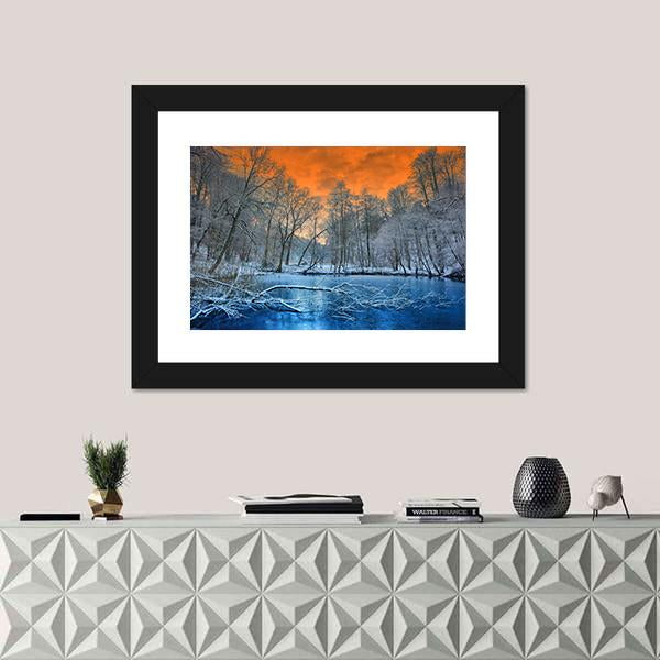 Orange Sunset In Winter Canvas Wall Art-1 Piece-Framed Print-20" x 16"-Tiaracle