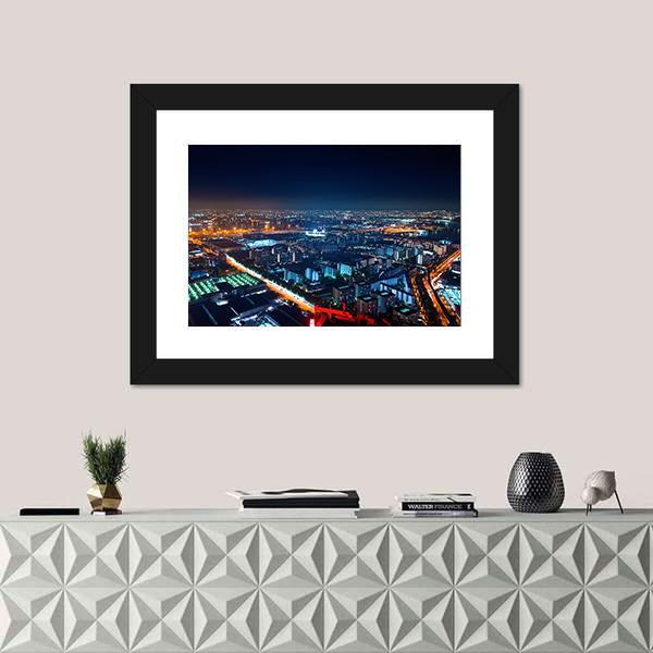 Osaka Bay Harbor Area At Night Canvas Wall Art-1 Piece-Framed Print-20" x 16"-Tiaracle