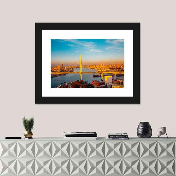 Osaka Port With Bridge And Cityscape Canvas Wall Art-1 Piece-Framed Print-20" x 16"-Tiaracle