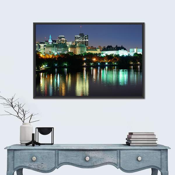 Ottawa At Night Over River Canvas Wall Art-1 Piece-Floating Frame-24" x 16"-Tiaracle