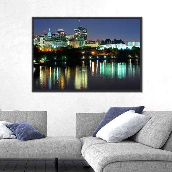 Ottawa At Night Over River Canvas Wall Art-3 Horizontal-Gallery Wrap-25" x 16"-Tiaracle