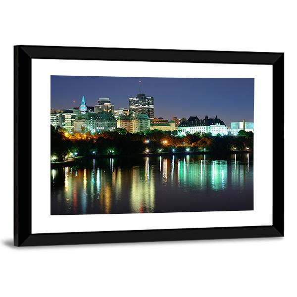 Ottawa At Night Over River Canvas Wall Art-3 Horizontal-Gallery Wrap-25" x 16"-Tiaracle