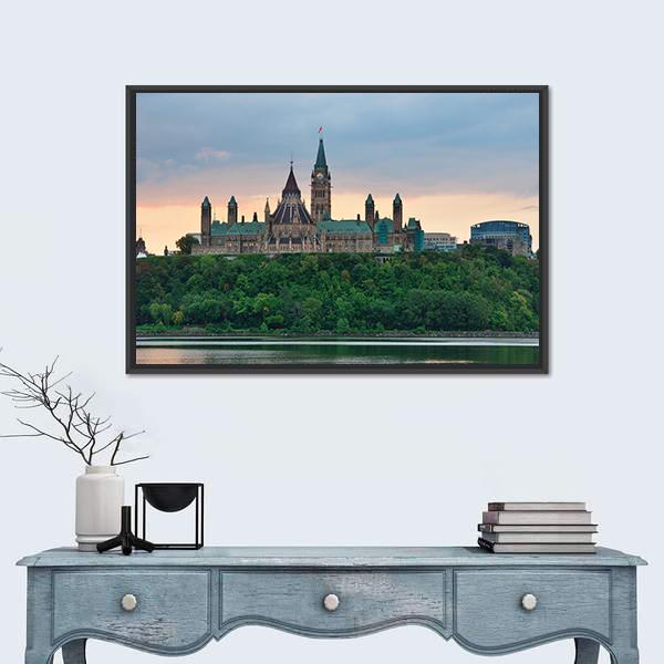 Ottawa City Skyline Canvas Wall Art in gray, green and blue, framed canvas, product view on a white background