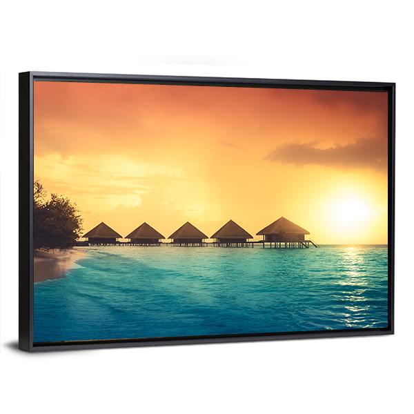 Over Water Bungalows Canvas Wall Art-5 Horizontal-Gallery Wrap-22" x 12"-Tiaracle