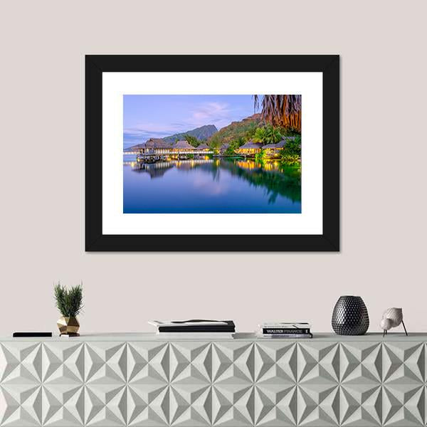 Overwater Bungalows At Dusk Canvas Wall Art-1 Piece-Framed Print-20" x 16"-Tiaracle