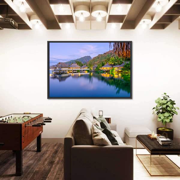 Overwater Bungalows At Dusk Canvas Wall Art-5 Horizontal-Gallery Wrap-22" x 12"-Tiaracle