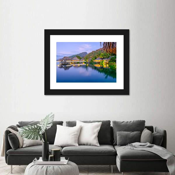 Overwater Bungalows At Dusk Canvas Wall Art-5 Horizontal-Gallery Wrap-22" x 12"-Tiaracle
