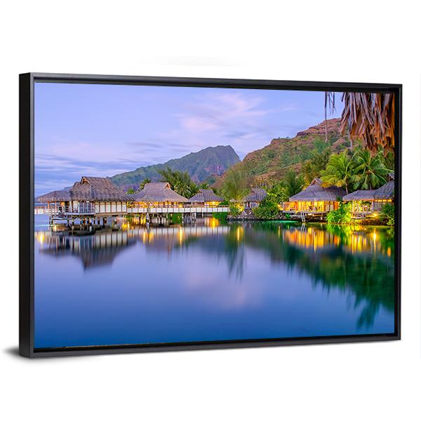 Overwater Bungalows At Dusk Canvas Wall Art-5 Horizontal-Gallery Wrap-22" x 12"-Tiaracle