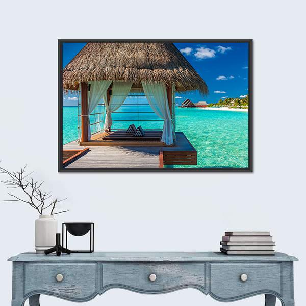 Overwater Spa With Tropical Lagoon View Canvas Wall Art-1 Piece-Floating Frame-24" x 16"-Tiaracle