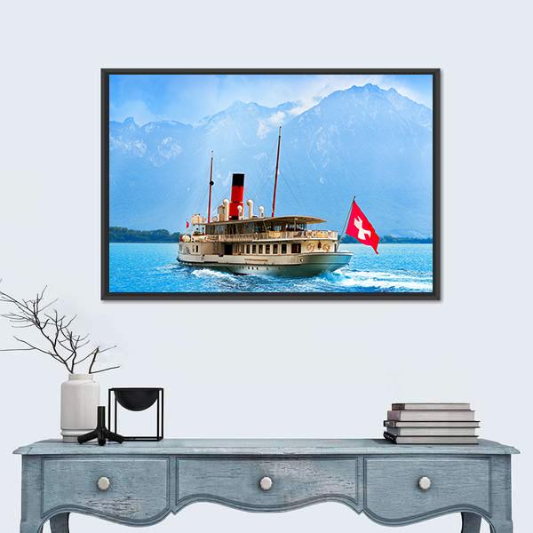 Paddle Steamer In Geneva Lake Canvas Wall Art-1 Piece-Floating Frame-24" x 16"-Tiaracle