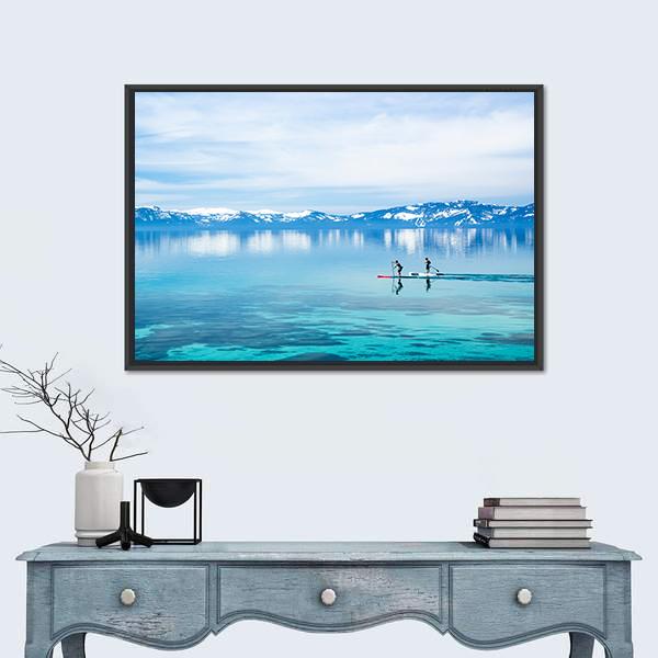 Paddle boarding In Lake Canvas Wall Art-1 Piece-Floating Frame-24" x 16"-Tiaracle
