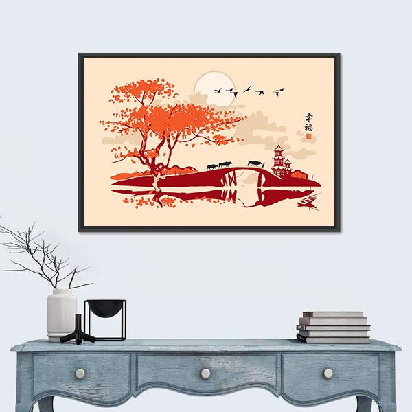 Pagoda Bridge And Birds At Sunset Canvas Wall Art-1 Piece-Floating Frame-24" x 16"-Tiaracle