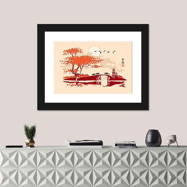 Pagoda Bridge And Birds At Sunset Canvas Wall Art-1 Piece-Framed Print-20" x 16"-Tiaracle