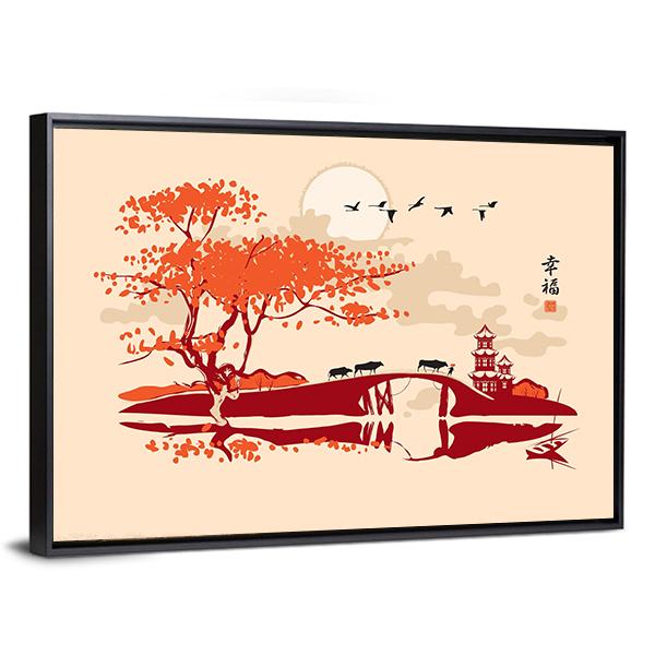 Pagoda Bridge And Birds At Sunset Canvas Wall Art-3 Horizontal-Gallery Wrap-25" x 16"-Tiaracle