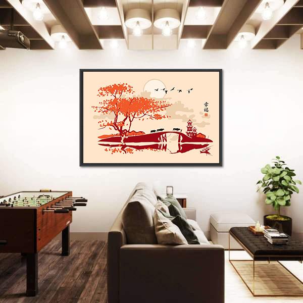 Pagoda Bridge And Birds At Sunset Canvas Wall Art-3 Horizontal-Gallery Wrap-25" x 16"-Tiaracle