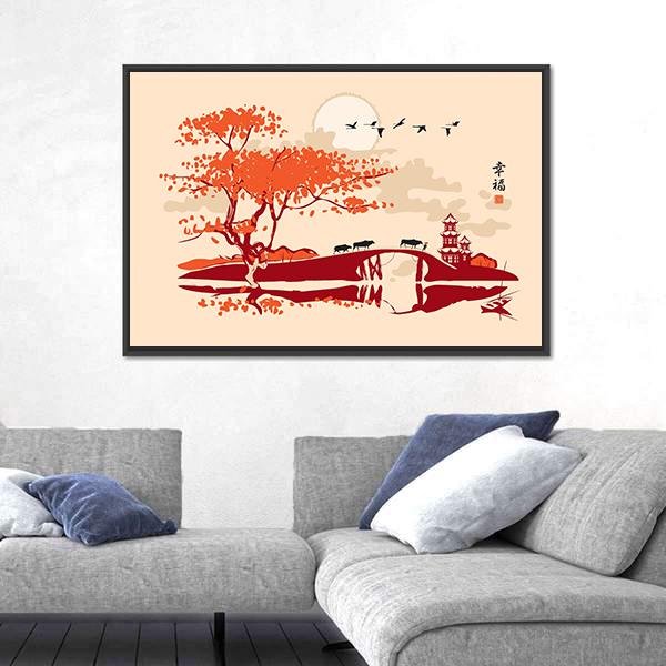 Pagoda Bridge And Birds At Sunset Canvas Wall Art-3 Horizontal-Gallery Wrap-25" x 16"-Tiaracle