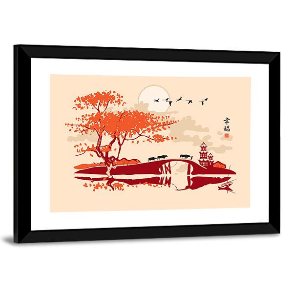 Pagoda Bridge And Birds At Sunset Canvas Wall Art-3 Horizontal-Gallery Wrap-25" x 16"-Tiaracle