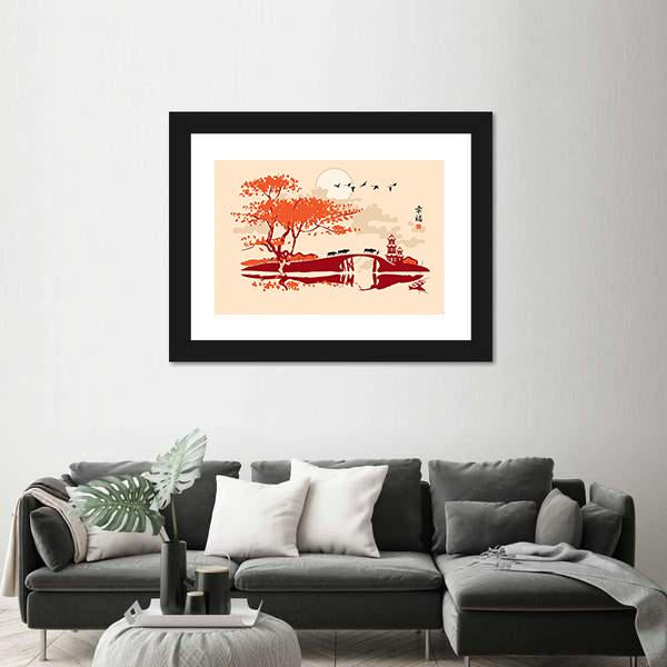Pagoda Bridge And Birds At Sunset Canvas Wall Art-3 Horizontal-Gallery Wrap-25" x 16"-Tiaracle