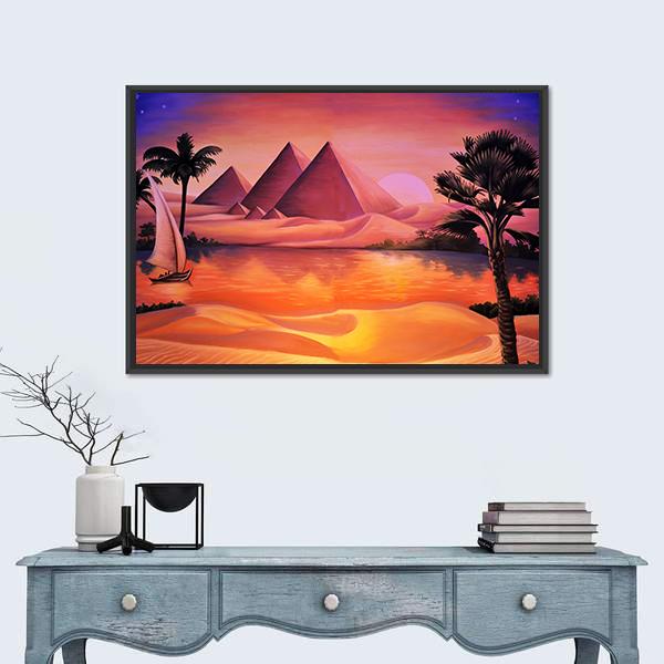 Painting Of Pyramid Ancient Egypt And Nile River Canvas Wall Art-1 Piece-Floating Frame-24" x 16"-Tiaracle