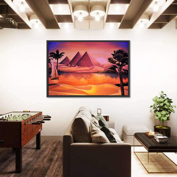Painting Of Pyramid Ancient Egypt And Nile River Canvas Wall Art-3 Horizontal-Gallery Wrap-25" x 16"-Tiaracle
