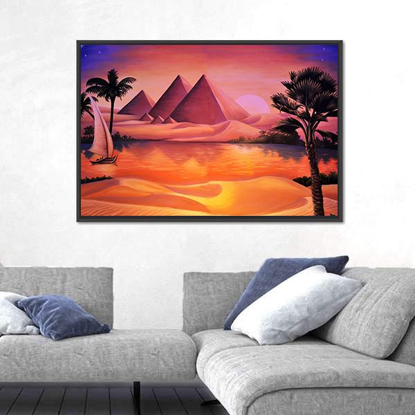 Painting Of Pyramid Ancient Egypt And Nile River Canvas Wall Art-3 Horizontal-Gallery Wrap-25" x 16"-Tiaracle