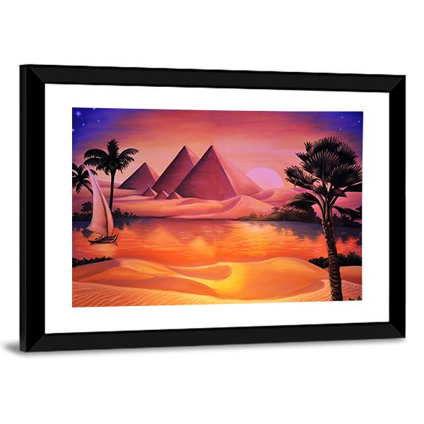 Painting Of Pyramid Ancient Egypt And Nile River Canvas Wall Art-3 Horizontal-Gallery Wrap-25" x 16"-Tiaracle