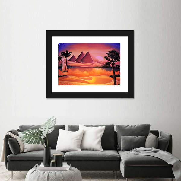 Painting Of Pyramid Ancient Egypt And Nile River Canvas Wall Art-3 Horizontal-Gallery Wrap-25" x 16"-Tiaracle
