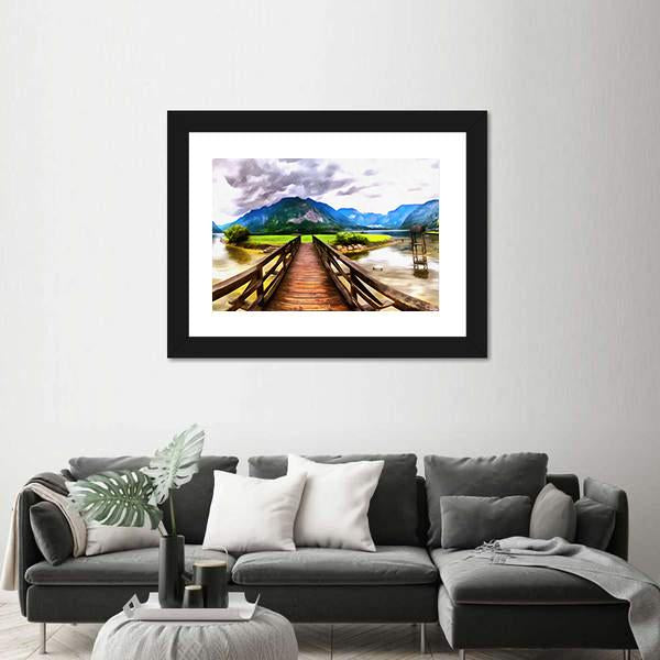 Painting Of Wooden Bridge Canvas Wall Art-5 Horizontal-Gallery Wrap-22" x 12"-Tiaracle