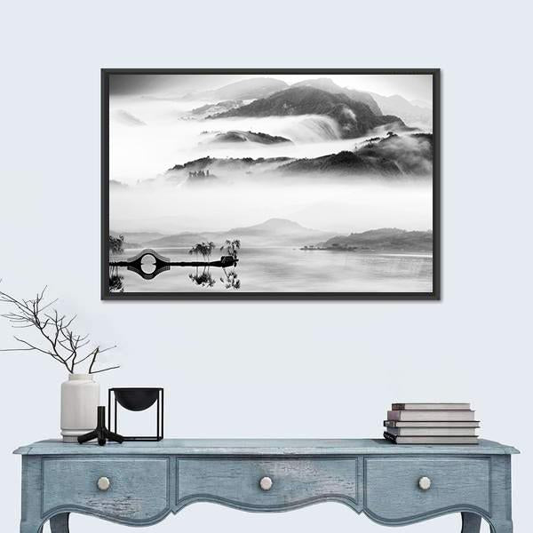 Chinese Landscape Painting Canvas Wall Art in black, white and gray, framed canvas, product view on a white background