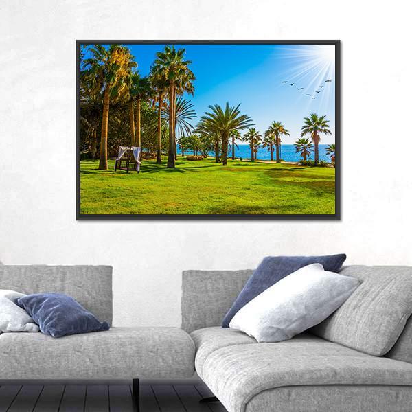 Palm Grove &amp; Green Grass Lawn Canvas Wall Art-1 Piece-Floating Frame-24" x 16"-Tiaracle