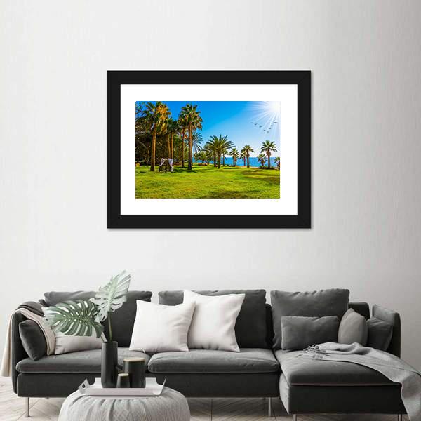 Palm Grove &amp; Green Grass Lawn Canvas Wall Art-1 Piece-Framed Print-20" x 16"-Tiaracle